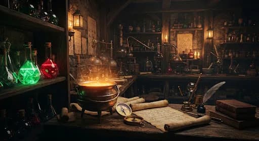 Glowing potions and an ancient cauldron in an alchemy workshop